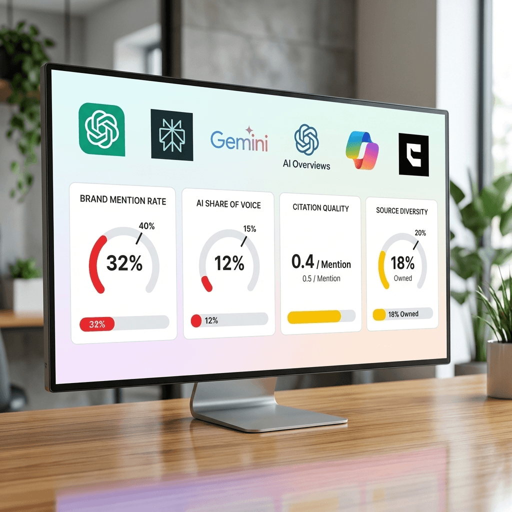 AI visibility audit scorecard showing four key metrics with benchmark targets across ChatGPT, Perplexity, Gemini, and AI Overviews