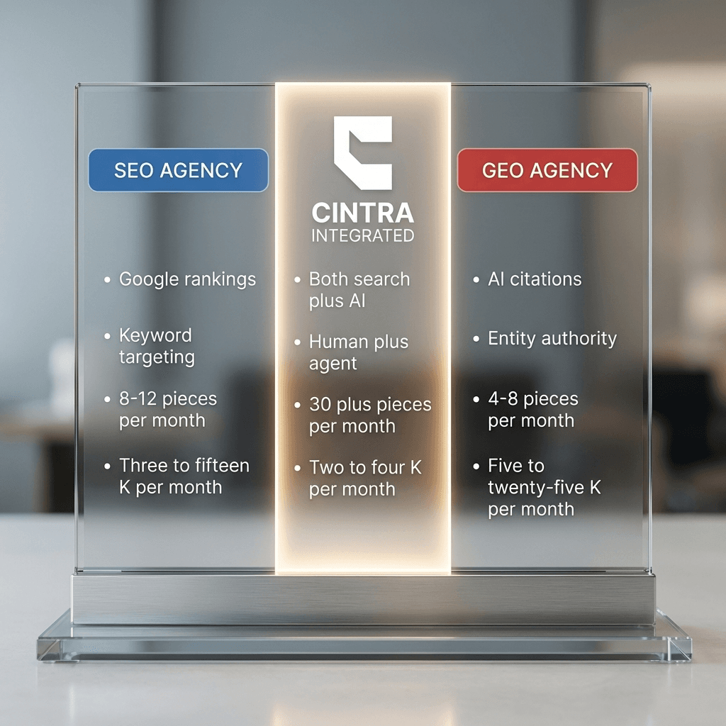 GEO agency vs SEO agency comparison — capabilities, pricing, and platform coverage