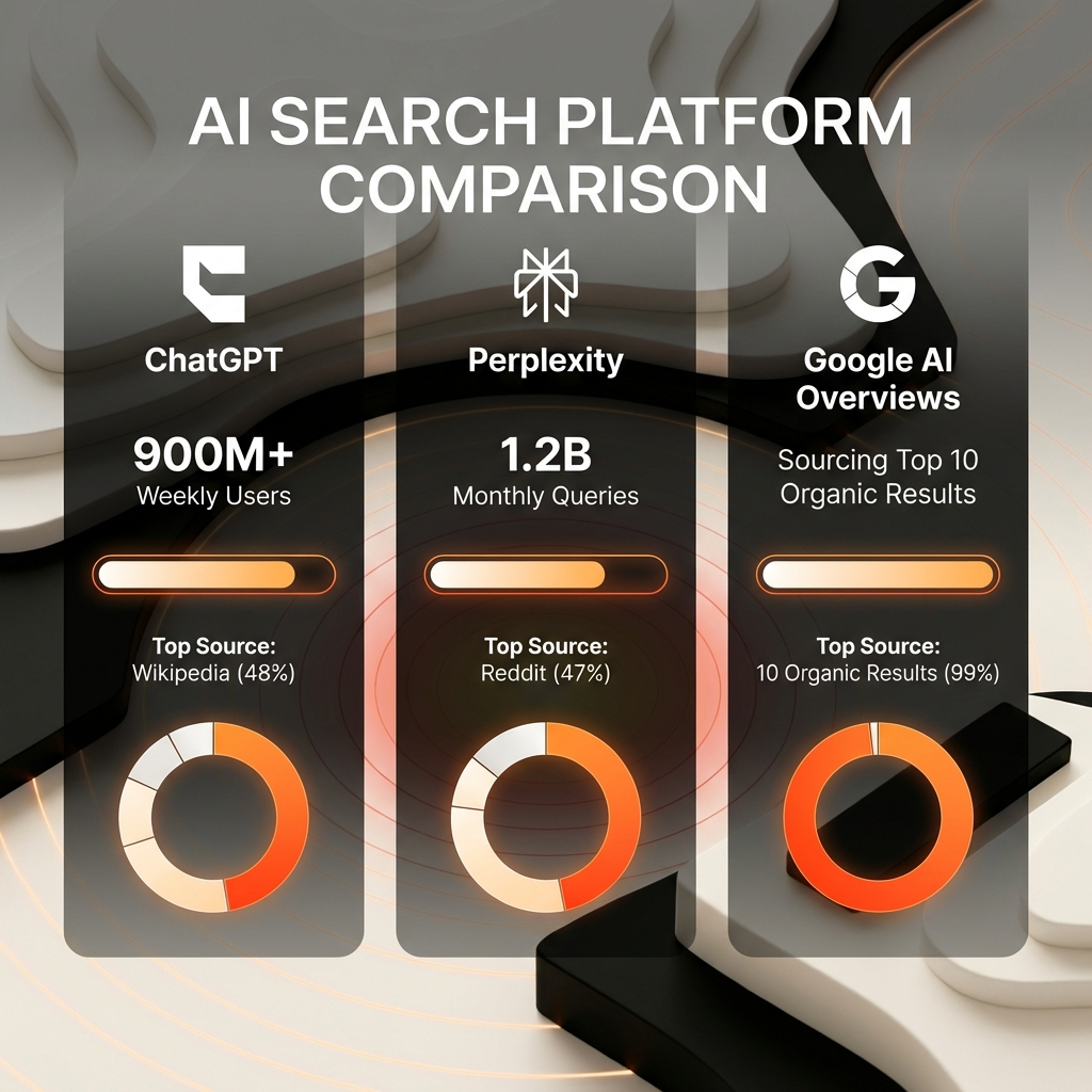 AI search statistics 2026 platform comparison showing ChatGPT, Perplexity, and AI Overviews citation sources