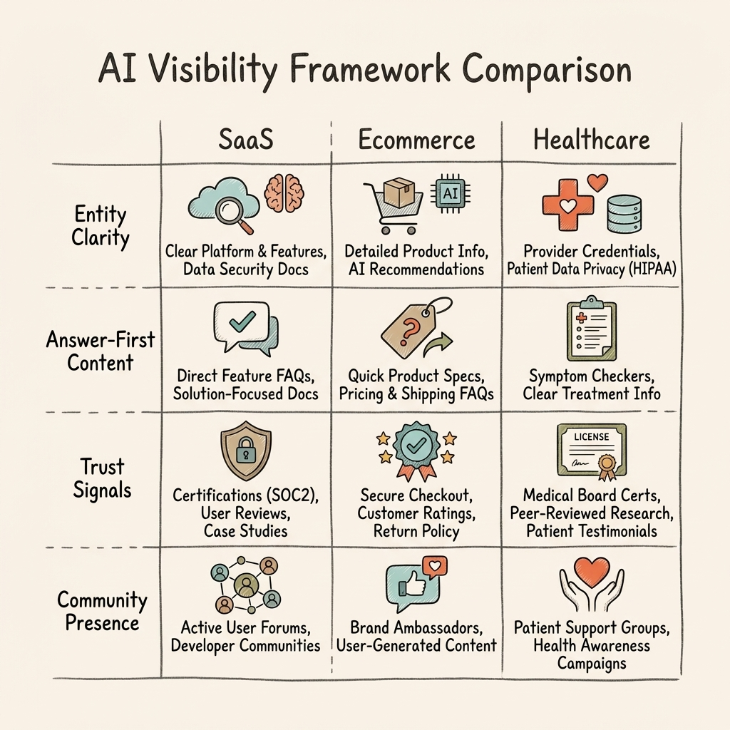 Cintra AI visibility for healthcare cross-industry framework comparing SaaS ecommerce and healthcare approaches