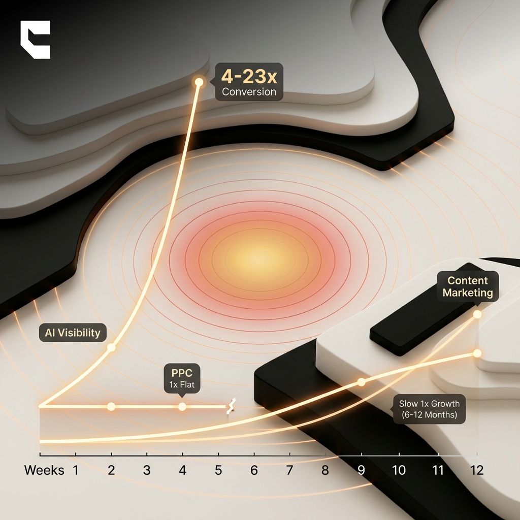 Cintra AI visibility ROI comparison chart showing AI search conversion rates versus PPC, SEO, and content marketing