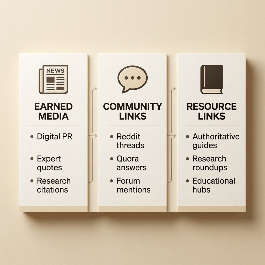 Cintra three-part link building framework for AI visibility — earned media, community, and resource links