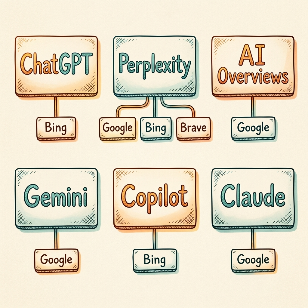 How to get cited by Claude AI cross-platform comparison showing six AI search engines and their search index dependencies