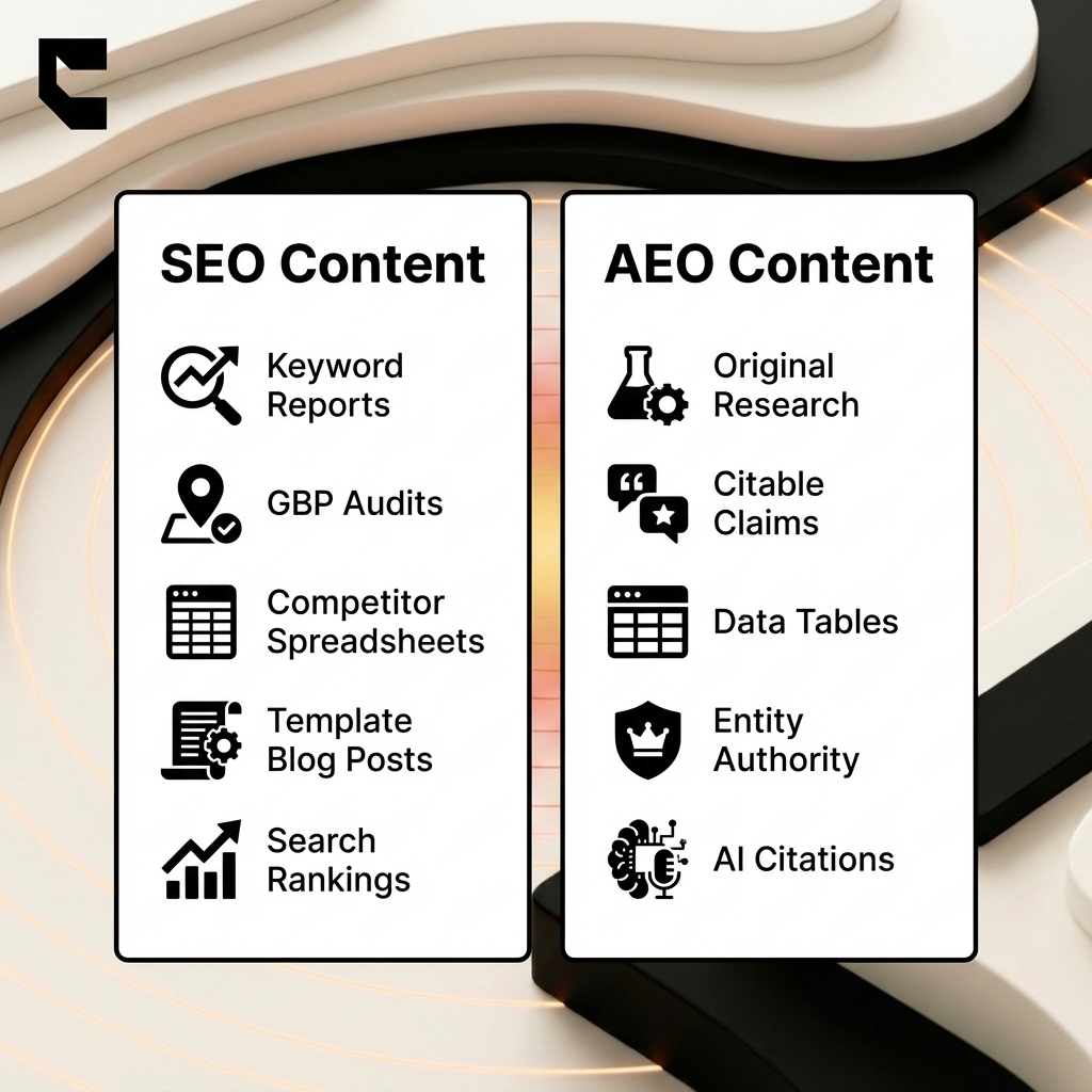 Cintra Claude for SEO vs AEO content characteristics comparison showing five key differences between prompt-driven and strategy-driven approaches