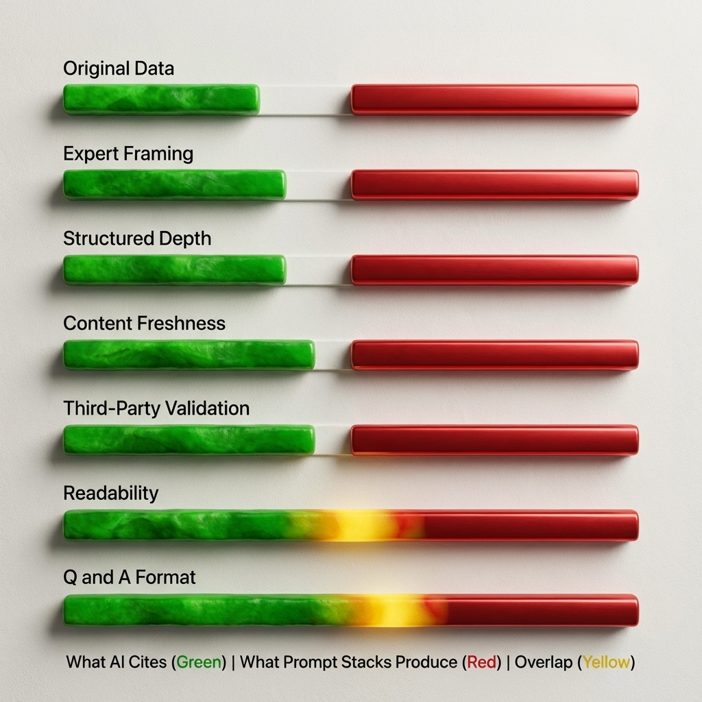 Content quality gap AI search citation signal comparison showing five failure areas for prompt stacks