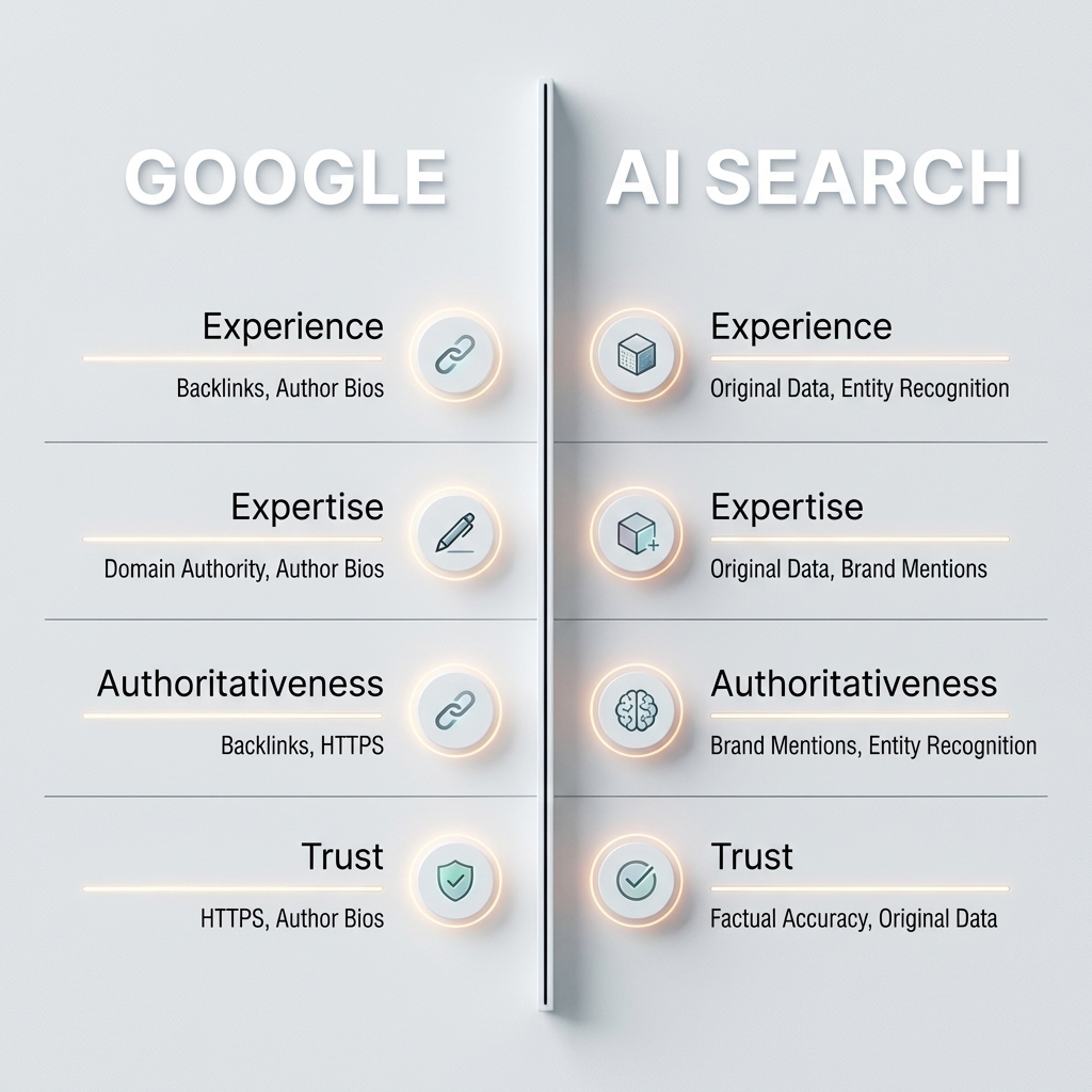 E-E-A-T for AI search comparison of Google signals versus AI citation signals