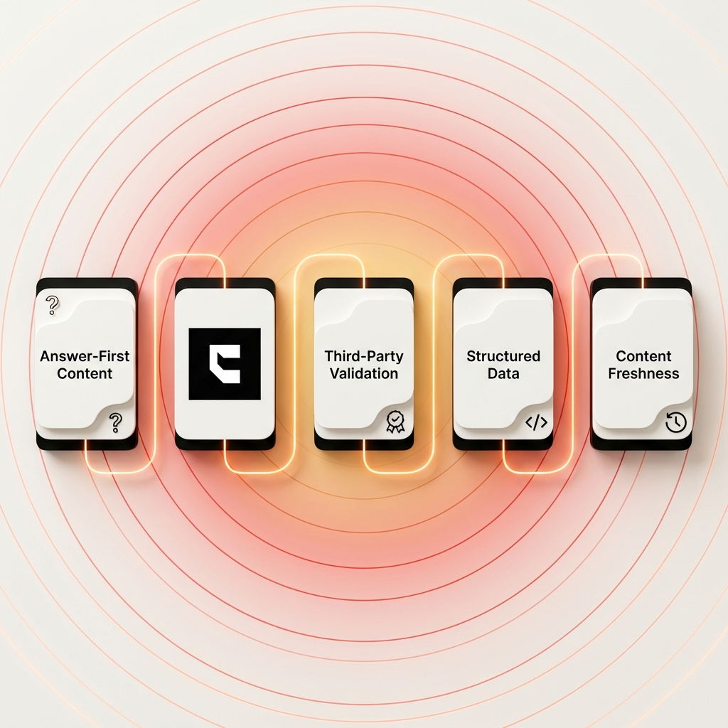 Cintra generative engine optimization five core tactics framework showing answer-first content entity clarity third-party validation structured data and content freshness