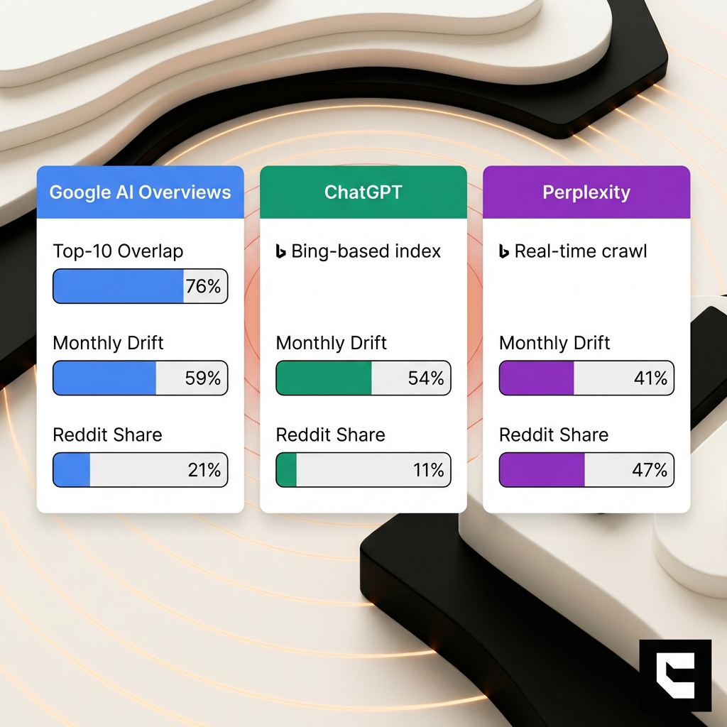 Cintra AI Overviews optimization cross-platform comparison showing Google AI Overviews vs ChatGPT vs Perplexity ranking factors