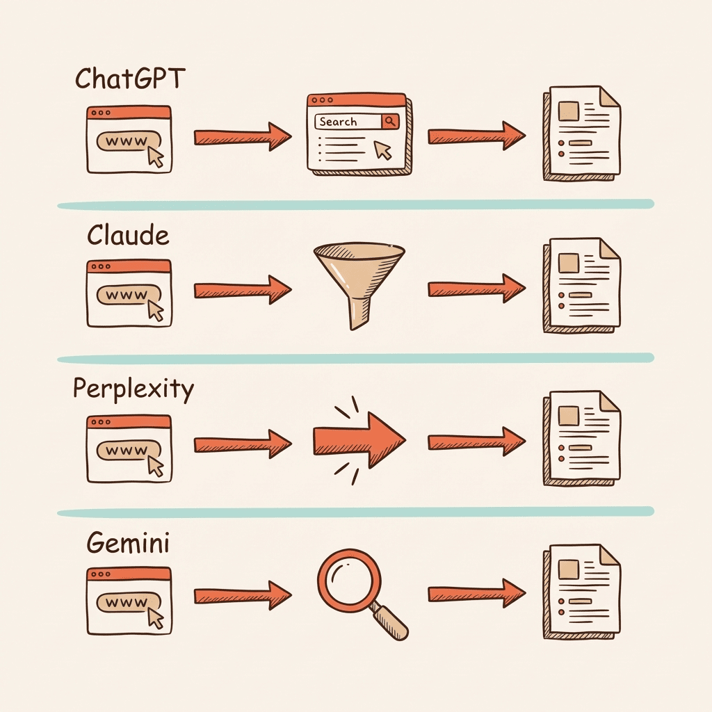 How AI models read websites — cross-model pipeline comparison showing ChatGPT, Claude, Perplexity, and Gemini content processing