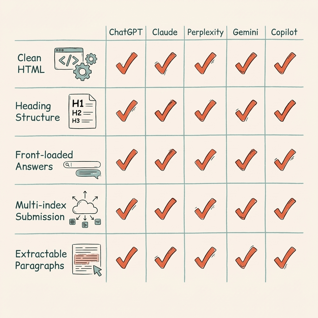 Optimization checklist for how AI models read websites — universal tactics that work across all five models