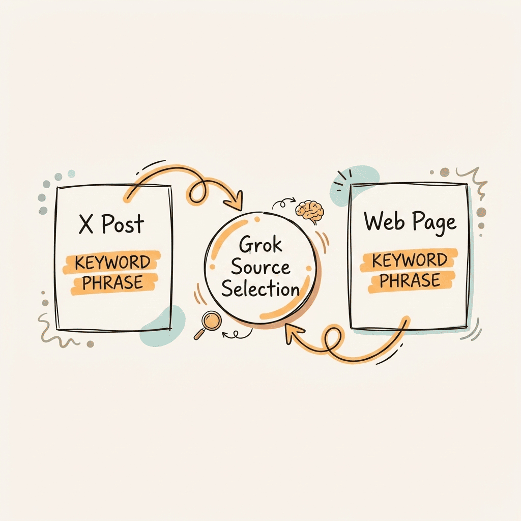 How to get cited by Grok using the X co-citation mechanic — diagram showing X post language matching on-page content to boost citations