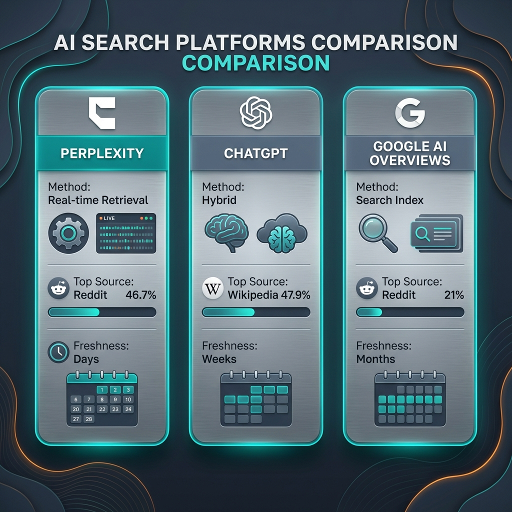 How to get cited by Perplexity vs ChatGPT vs AI Overviews — citation comparison showing source preferences and freshness requirements