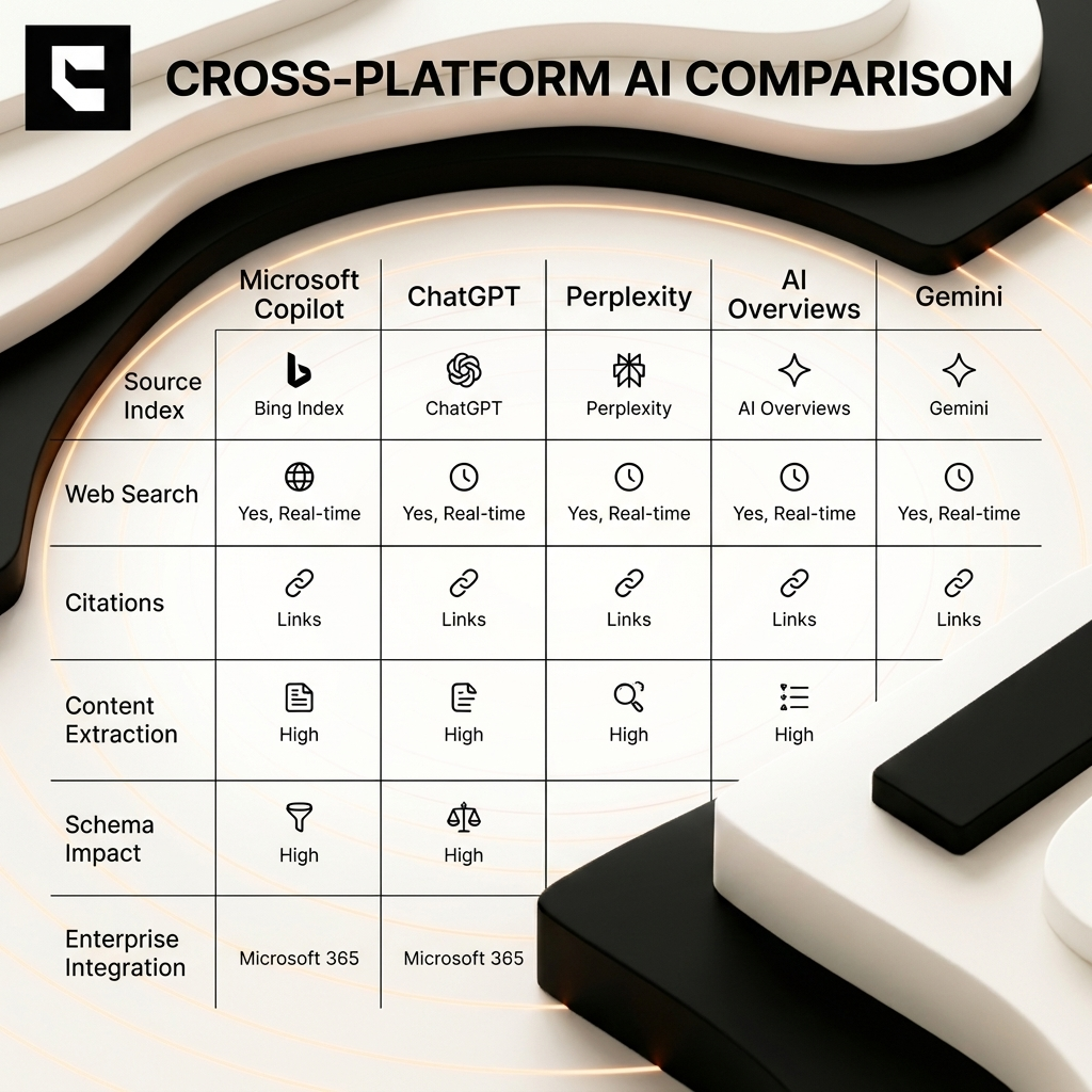Cintra Microsoft Copilot optimization cross-platform AI search comparison showing Copilot vs ChatGPT vs Perplexity vs AI Overviews vs Gemini