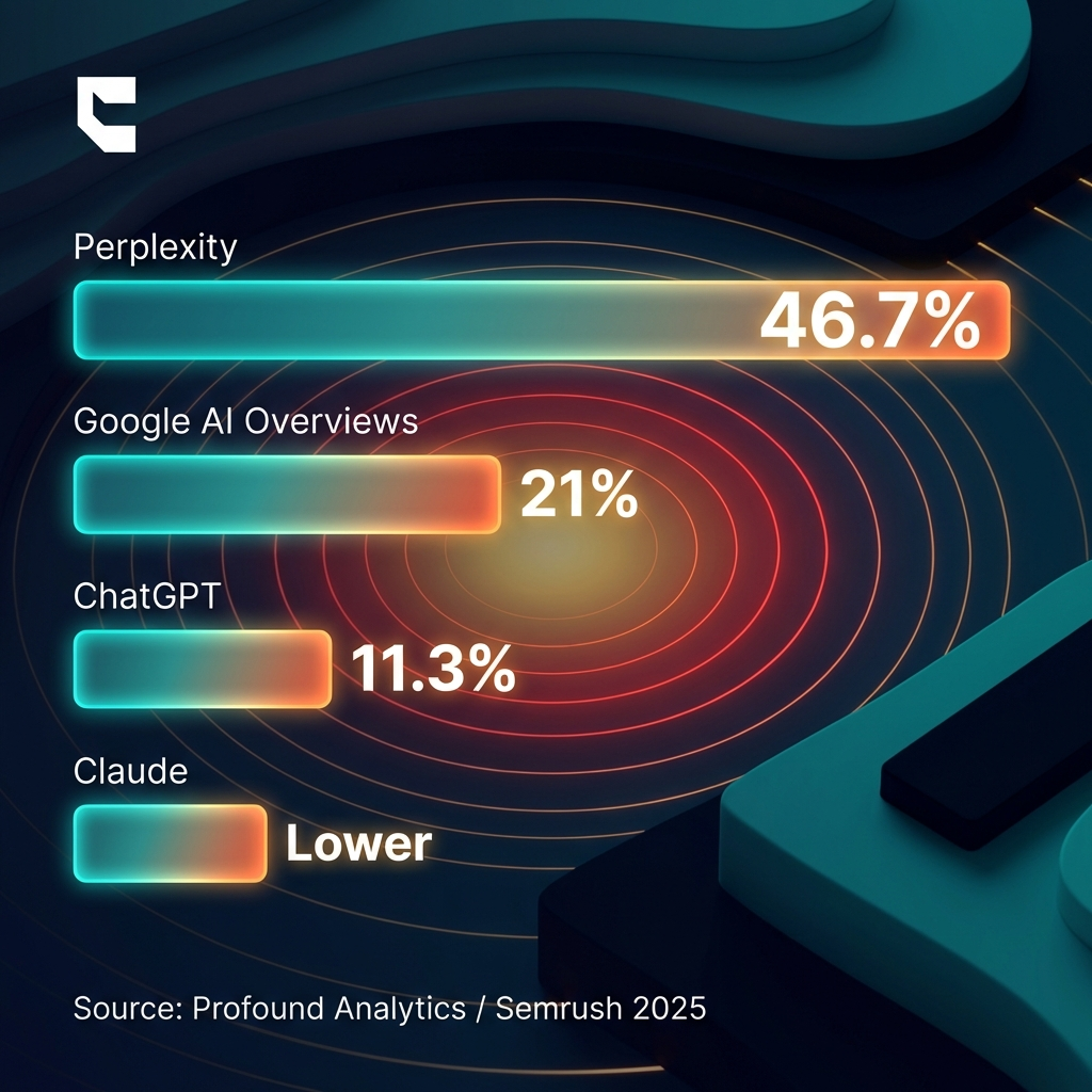 Cintra Reddit AI citations comparison showing Perplexity at 46.7% and Google AI Overviews at 21% across major AI platforms