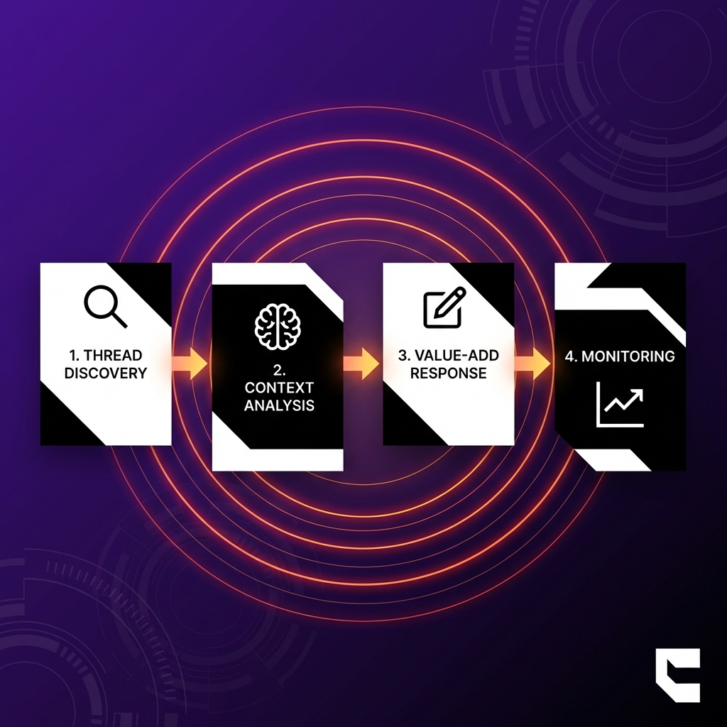 Cintra Reddit strategy for AI visibility operational workflow showing thread discovery, context analysis, value-add response, and monitoring