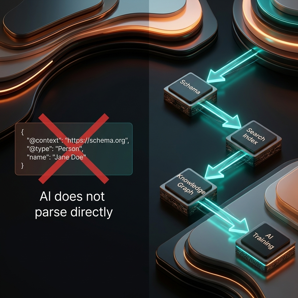 Cintra schema markup for AI visibility paradox diagram showing indirect pathway through Knowledge Graph