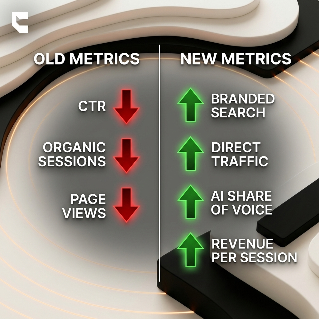 Cintra zero-click search strategy measurement framework comparing old click metrics versus new AI visibility metrics